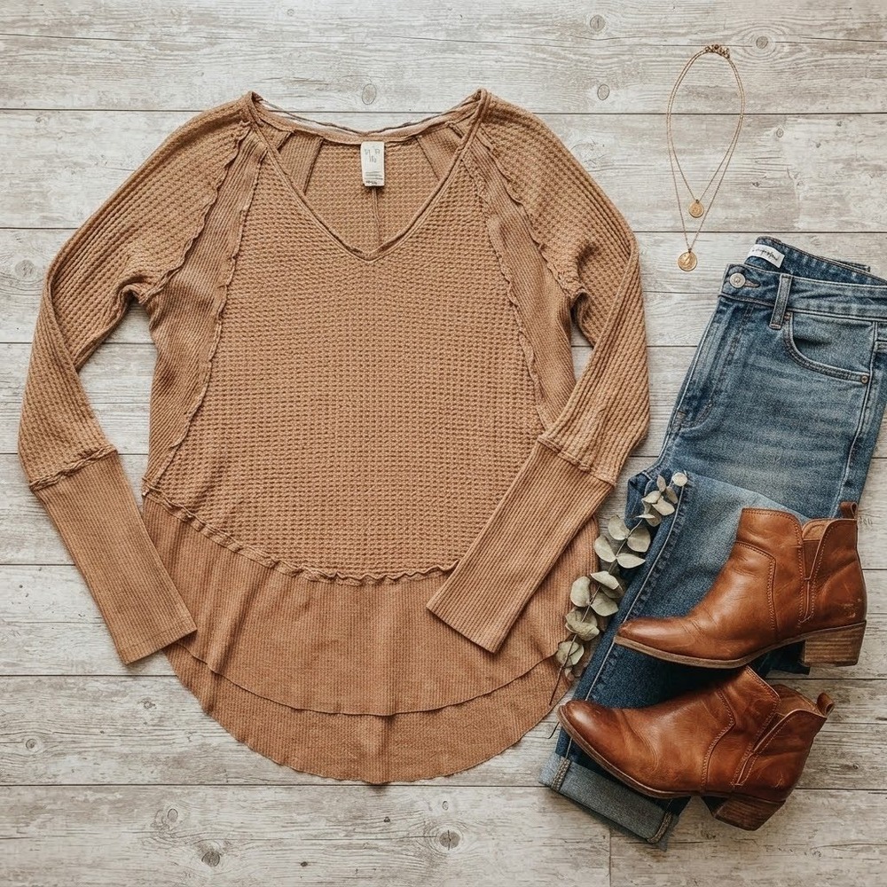 Free People We The Free Thermal V-Neck Waffle Knit Top Brown XS